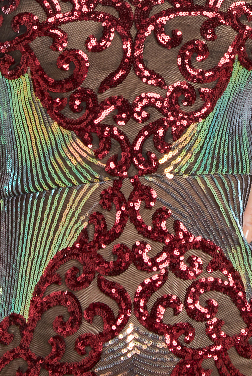 Contrast Sequin Long Sleeve Maxi Dress - Wine DR3475