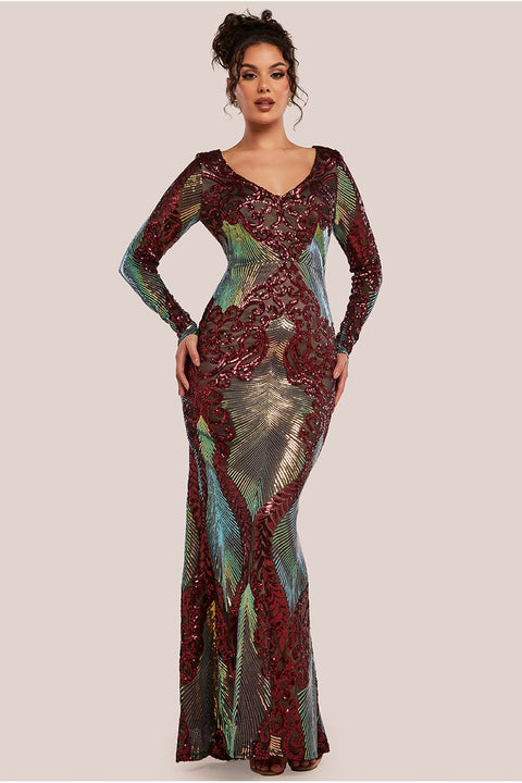 Contrast Sequin Long Sleeve Maxi Dress - Wine by Goddiva