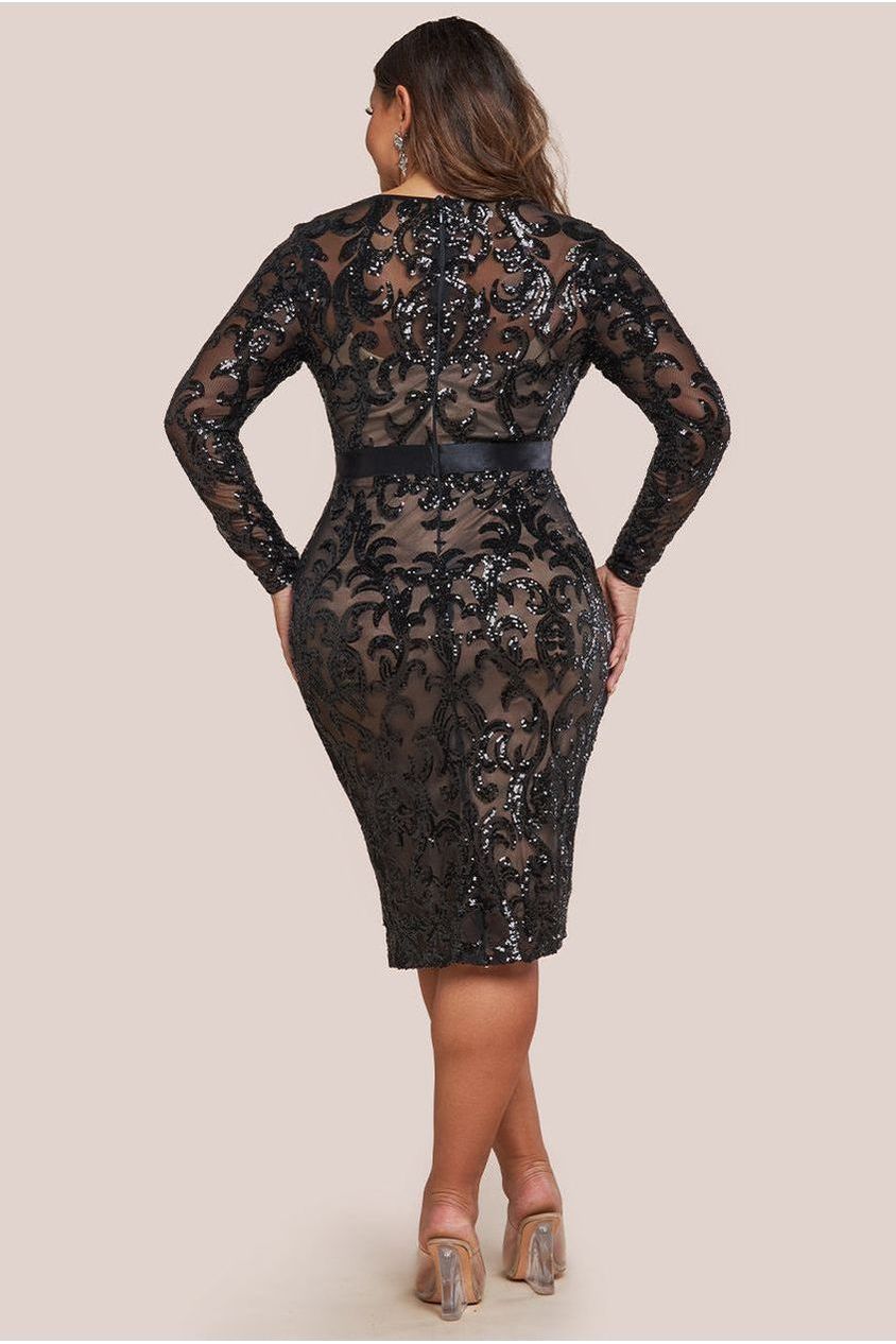 Sequin & Mesh Midi Dress - Black DR3476P