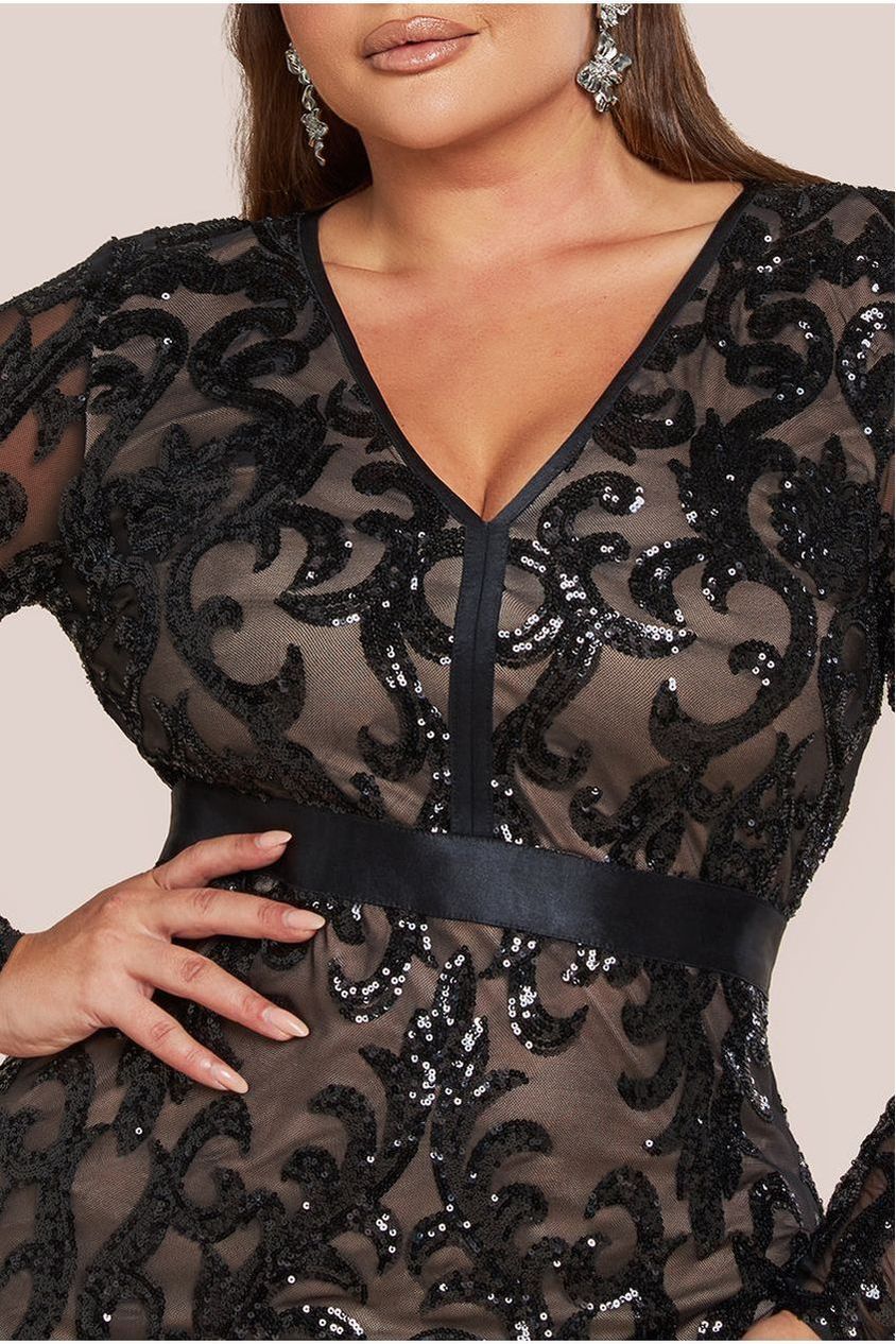 Sequin & Mesh Midi Dress - Black DR3476P