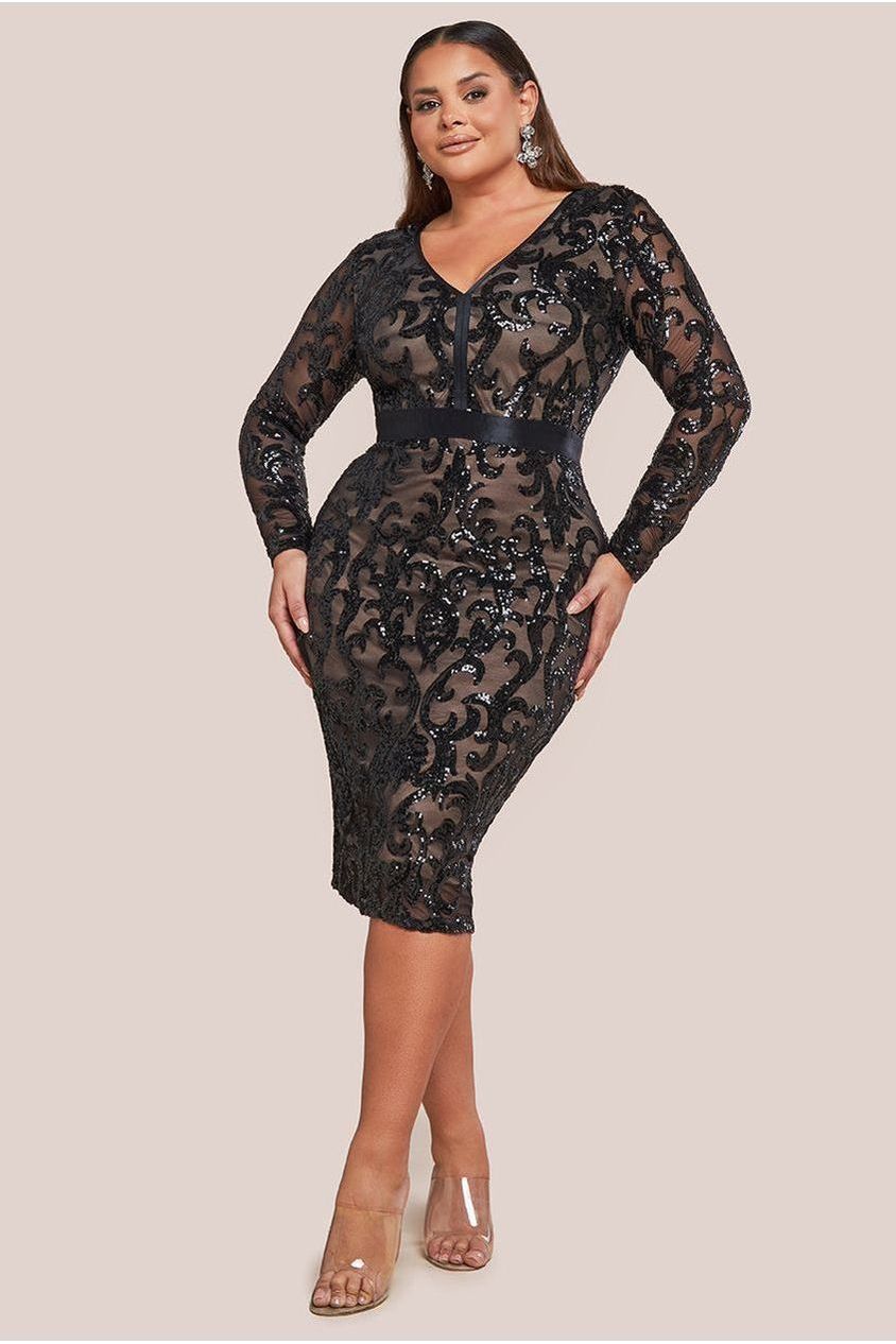 Sequin & Mesh Midi Dress - Black DR3476P