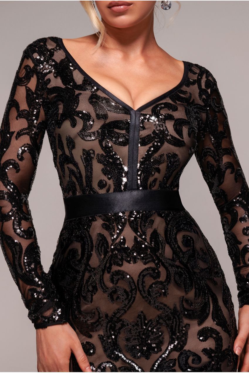 Sequin & Mesh Midi Dress - Black DR3476