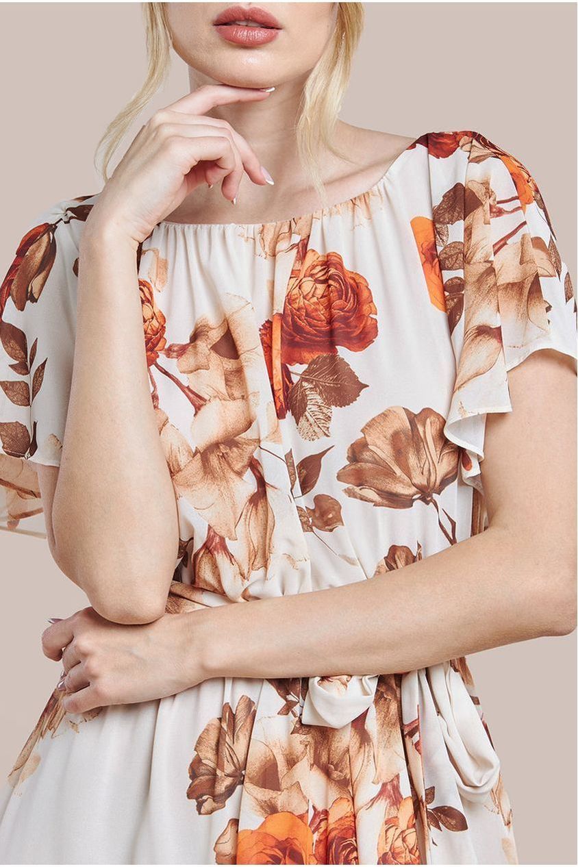 Wrap Back Flutter Sleeve Midi - Beige DR3480