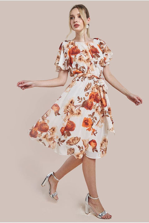 Wrap Back Flutter Sleeve Midi - Beige by Goddiva