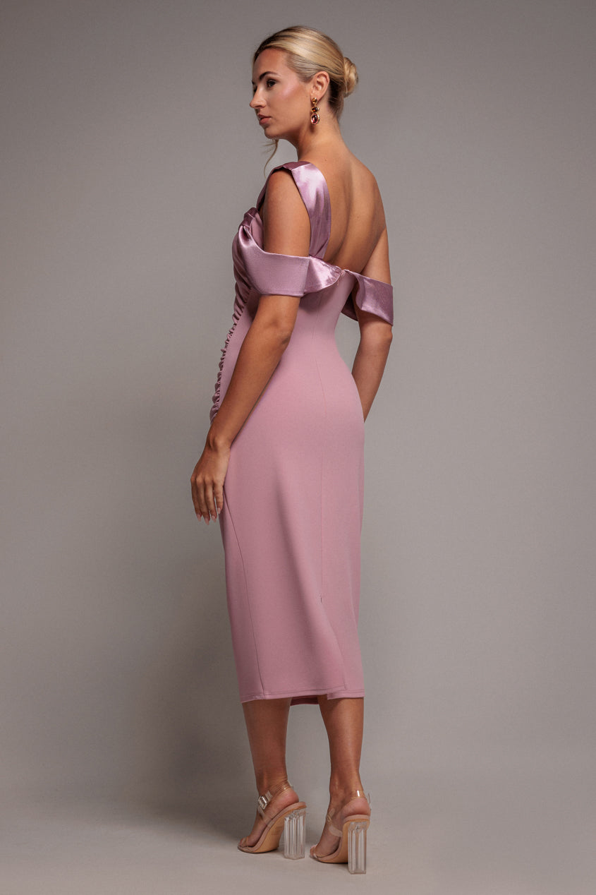 One Shoulder Satin Band Bodycon Midi Dress - Rose Pink DR3483