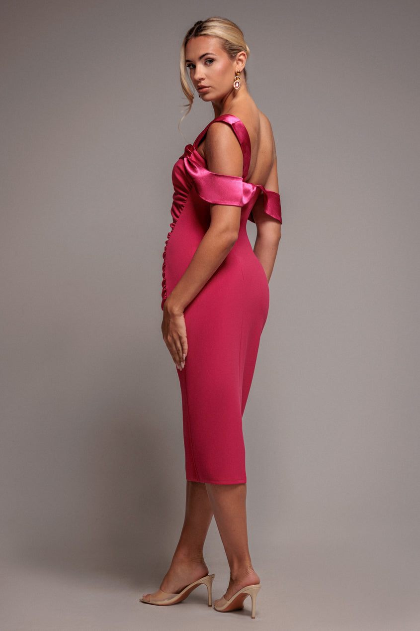 One Shoulder Satin Band Bodycon Midi Dress - Magenta DR3483