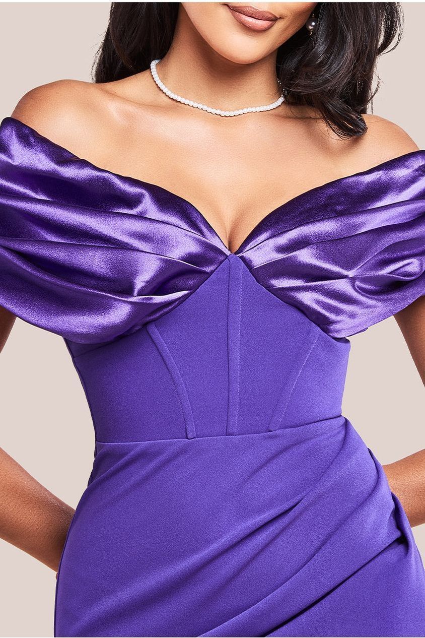 Satin & Scuba Off The Shoulder Midi Dress - Purple DR3484