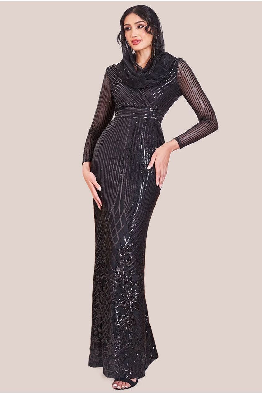 Modesty Sequin Wrap Maxi Dress - Black DR3485MOD