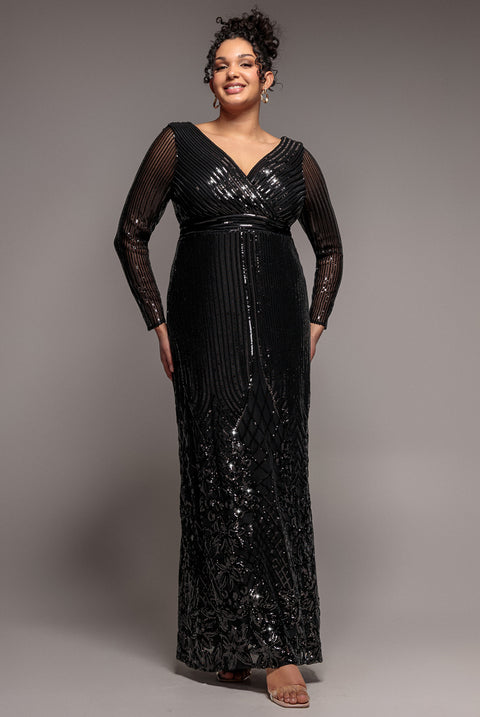 Long Sleeve Sequin V Wrap Maxi Dress - Black by Goddiva Plus
