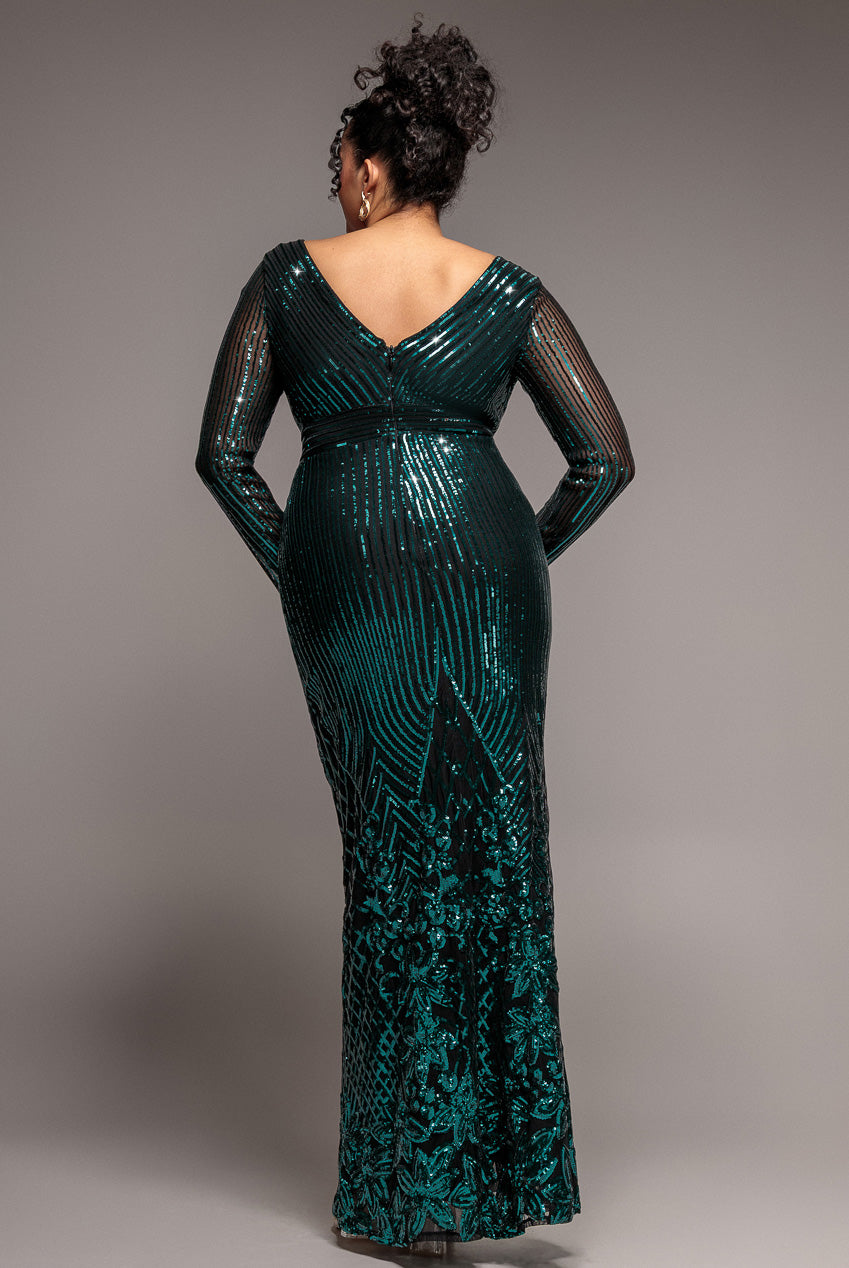 Long Sleeve Sequin V Wrap Maxi Dress - Emerald Green DR3485PLUS