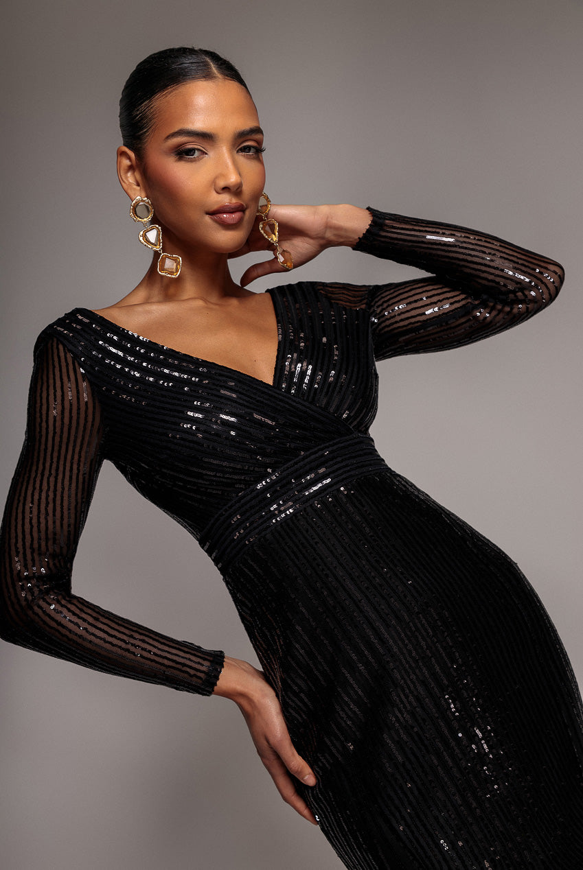 Long Sleeve Sequin V Wrap Maxi Dress - Black DR3485