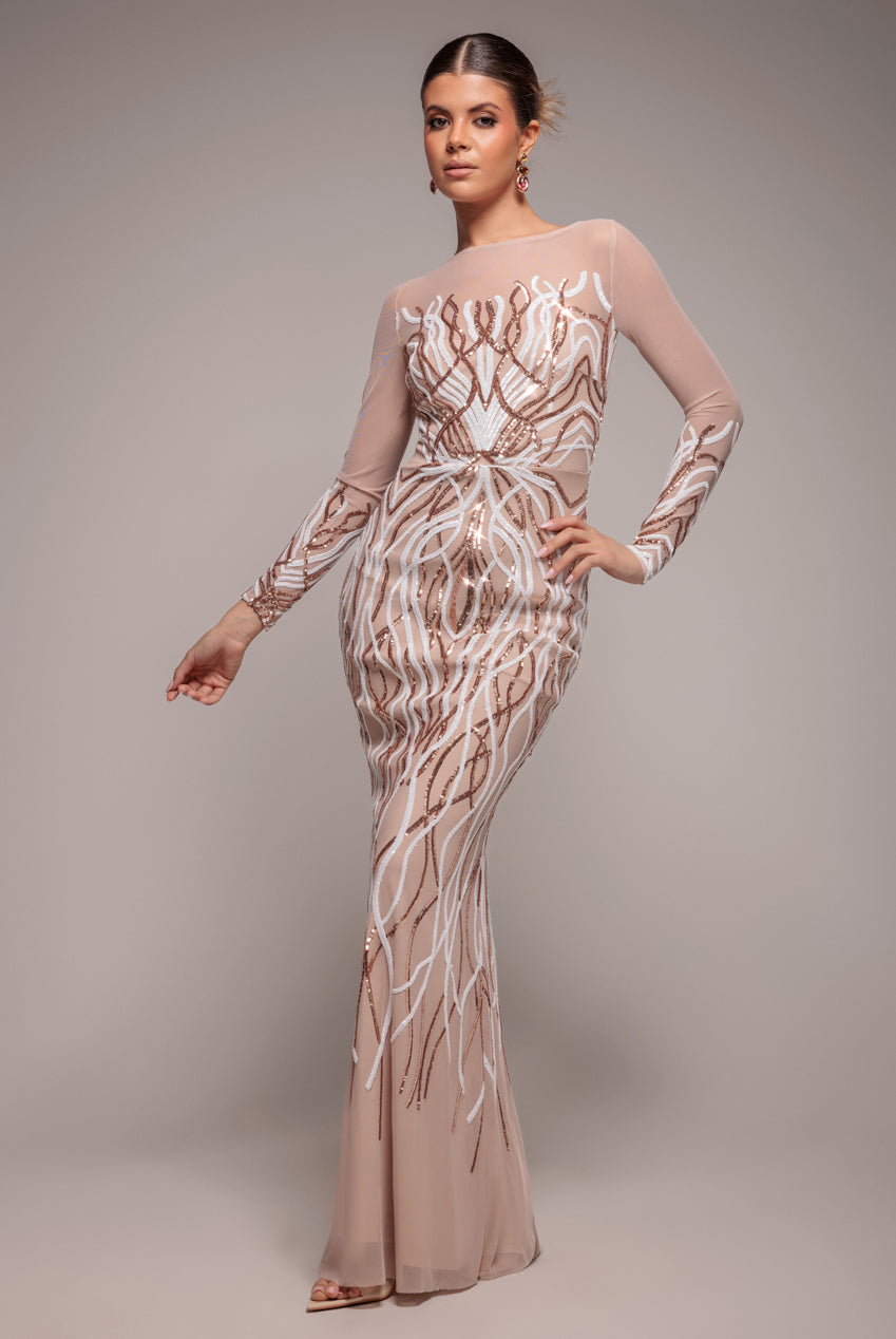 Long Sleeve Sequin Flame Maxi - Champagne DR3486