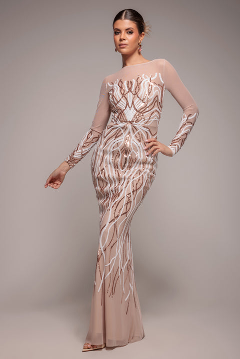 Long Sleeve Sequin Flame Maxi - Champagne by Goddiva