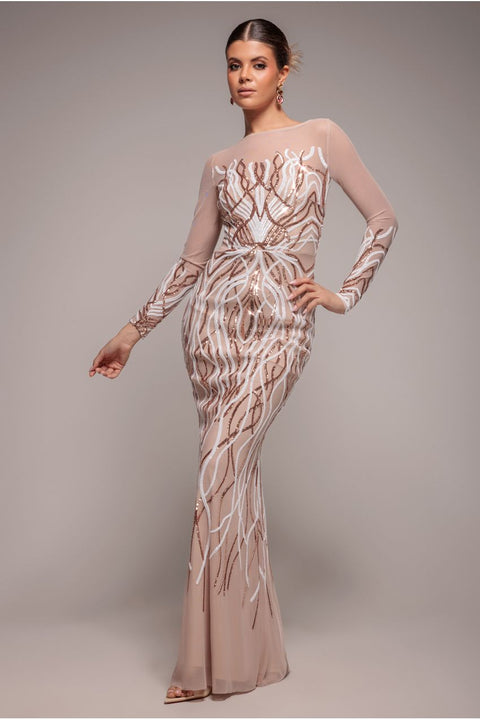 Long Sleeve Sequin Flame Maxi - Champagne by Goddiva