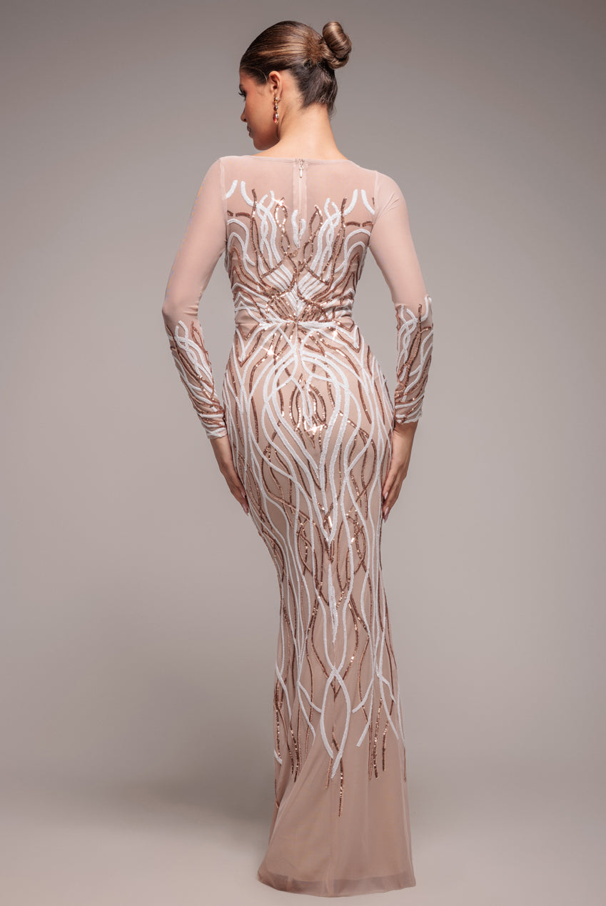 Long Sleeve Sequin Flame Maxi - Champagne DR3486