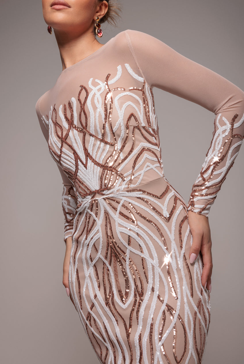 Long Sleeve Sequin Flame Maxi - Champagne DR3486