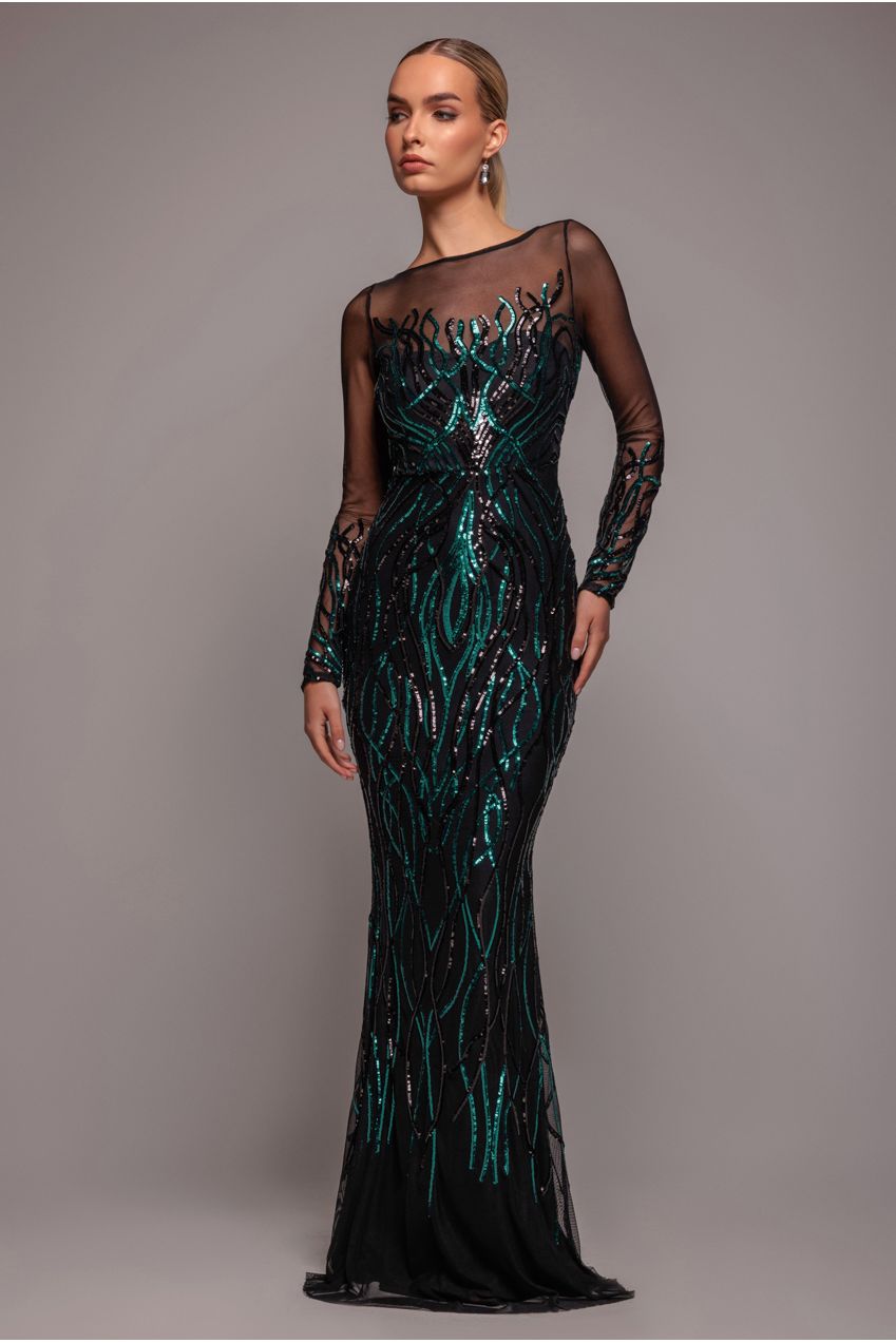 Long Sleeve Sequin Flame Maxi - Emerald Green DR3486