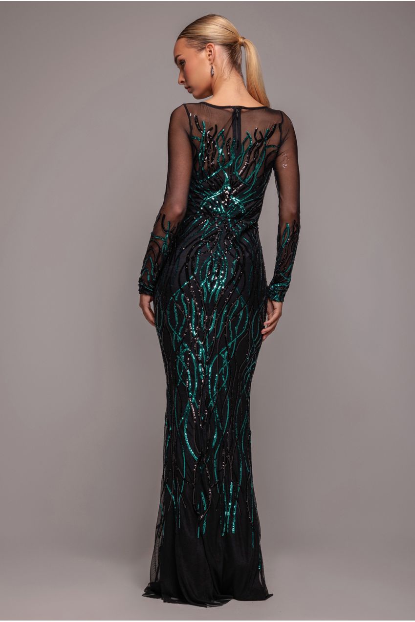 Long Sleeve Sequin Flame Maxi - Emerald Green DR3486
