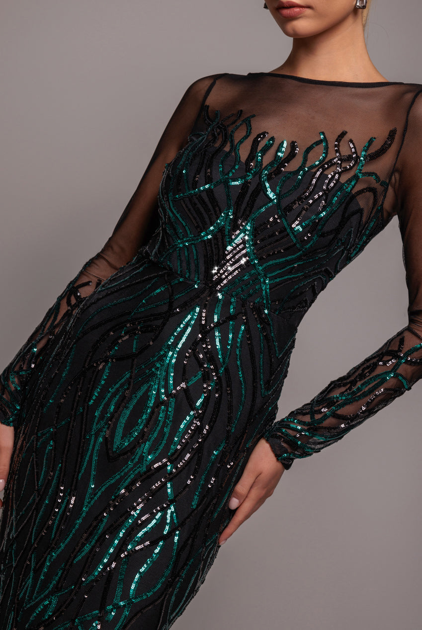 Long Sleeve Sequin Flame Maxi - Emerald Green DR3486