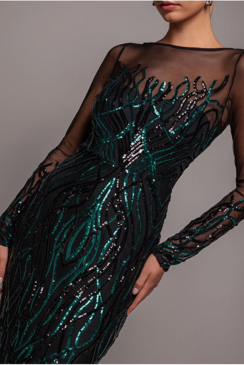 Long Sleeve Sequin Flame Maxi - Emerald Green DR3486