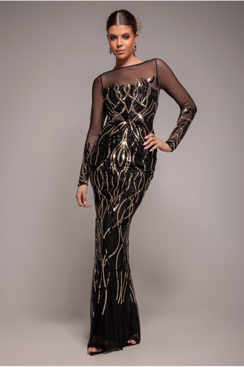 Long Sleeve Sequin Flame Maxi - Gold | Goddiva Long Sleeve Sequin Flame Maxi - Gold | Goddiva