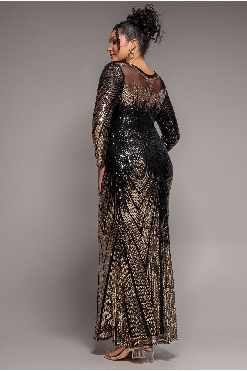 Long Sleeve Aztec Sequin Maxi Dress - Gold DR3490PLUS