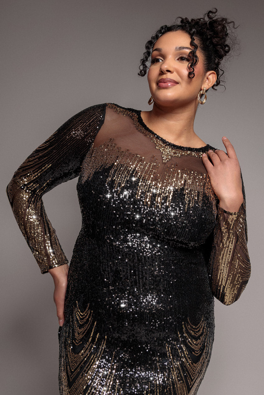 Long Sleeve Aztec Sequin Maxi Dress - Gold DR3490PLUS