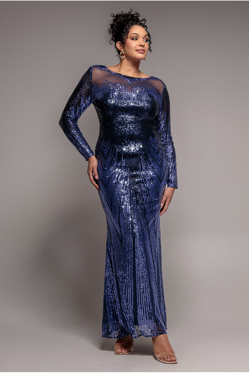 Long Sleeve Aztec Sequin Maxi Dress - Navy DR3490PLUS