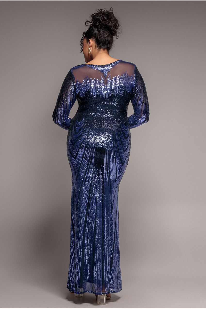 Long Sleeve Aztec Sequin Maxi Dress - Navy DR3490PLUS