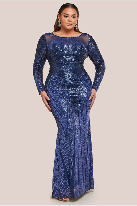 Long Sleeve Aztec Sequin Maxi Dress - Navy by Goddiva Plus