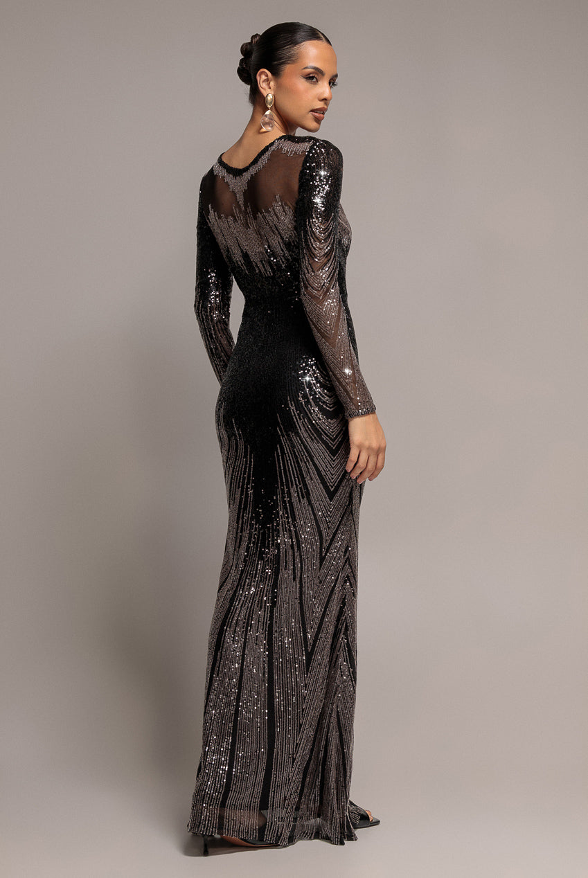 Long Sleeve Aztec Sequin Maxi Dress - Black DR3490