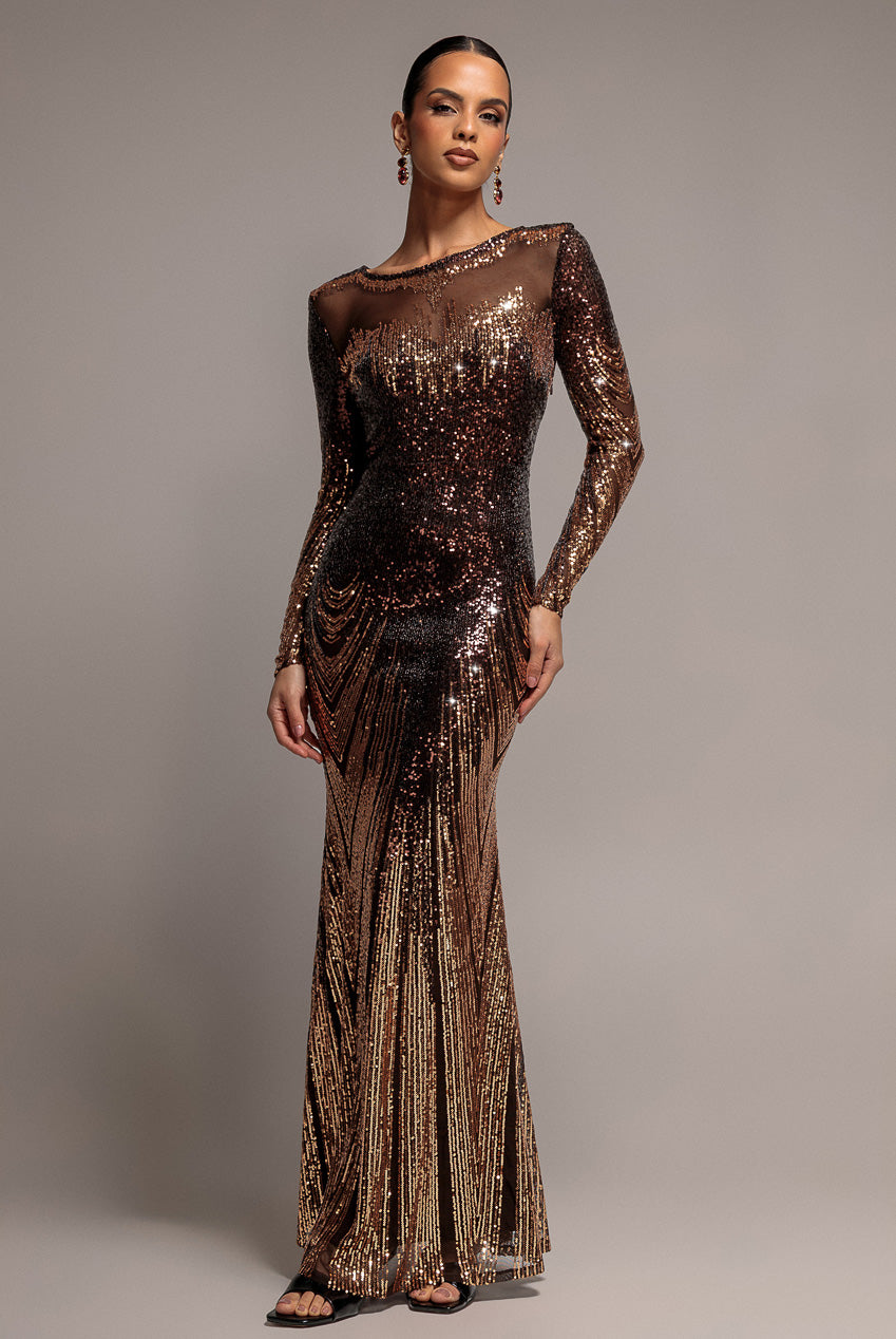 Long Sleeve Aztec Sequin Maxi Dress - Brown DR3490