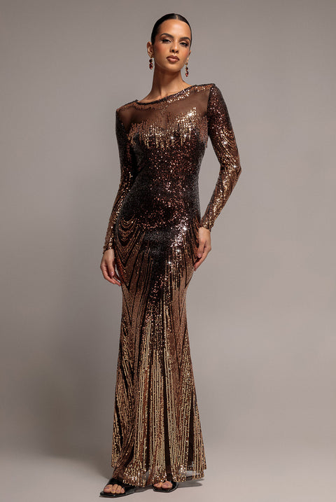 Long Sleeve Aztec Sequin Maxi Dress - Brown by Goddiva