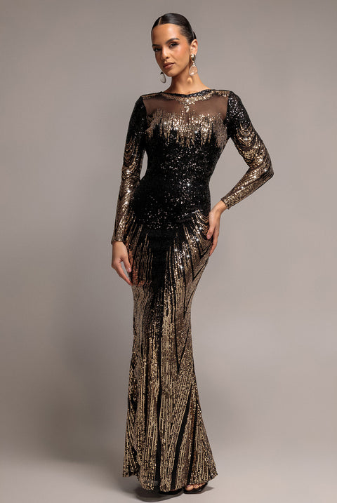 Long Sleeve Aztec Sequin Maxi Dress - Gold by Goddiva
