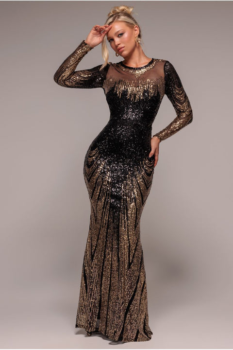 Long Sleeve Aztec Sequin Maxi Dress - Gold by Goddiva