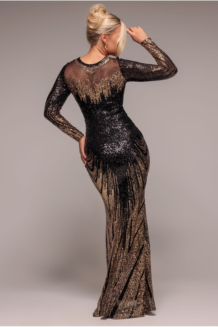 Long Sleeve Aztec Sequin Maxi Dress - Gold DR3490