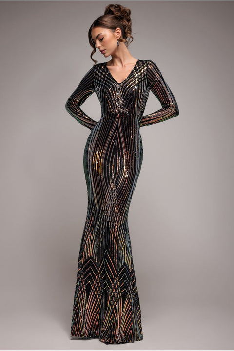 Two Toned V Neck Sequin Maxi - Black by Goddiva
