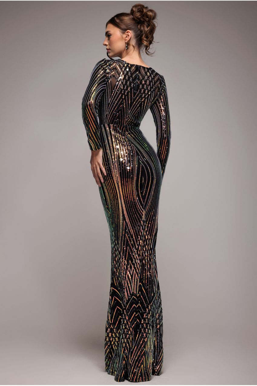 Two Toned V Neck Sequin Maxi - Black DR3494