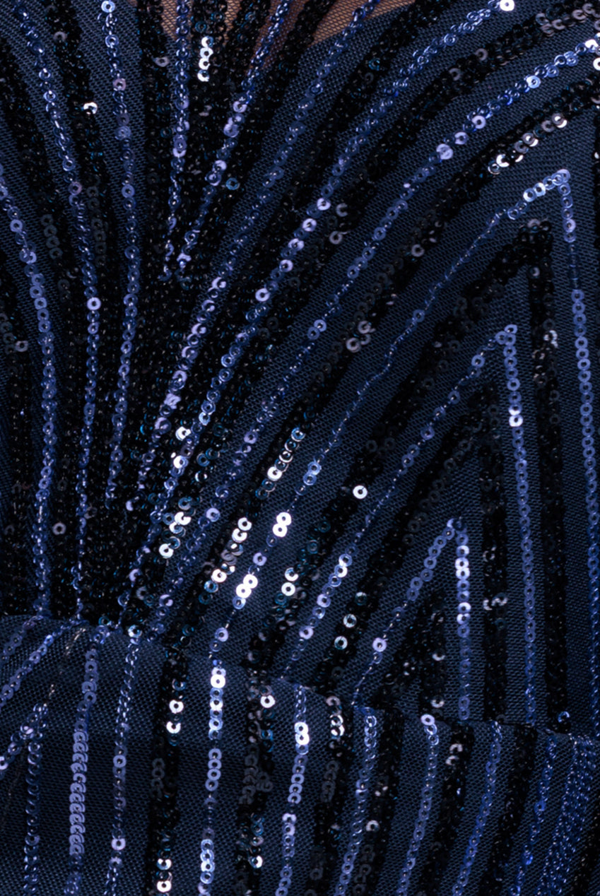 Two Toned V Neck Sequin Maxi - Navy DR3494