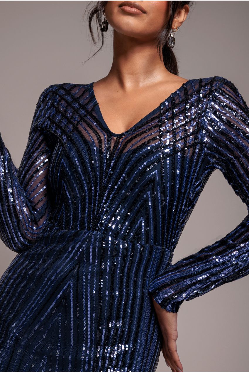 Two Toned V Neck Sequin Maxi - Navy DR3494