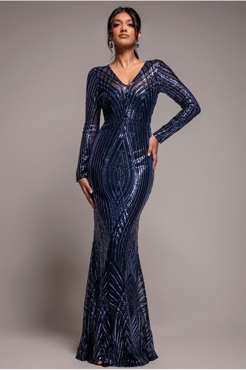 Two Toned V Neck Sequin Maxi - Navy DR3494