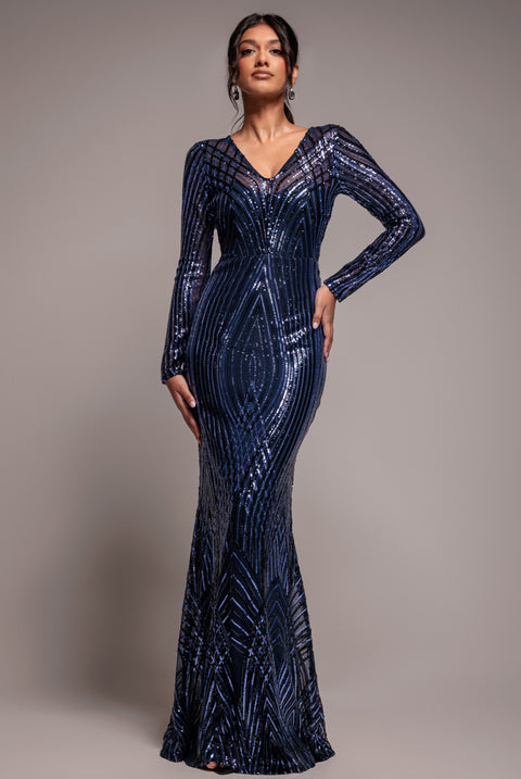 Two Toned V Neck Sequin Maxi - Navy by Goddiva