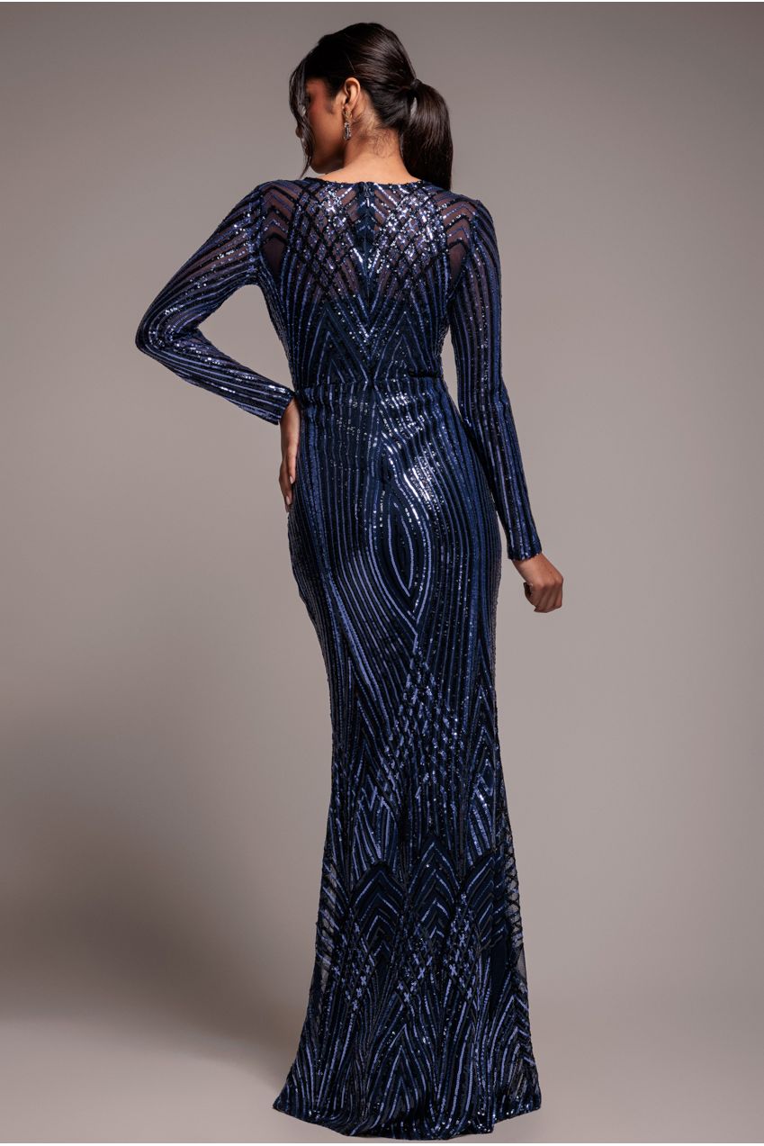 Two Toned V Neck Sequin Maxi - Navy DR3494