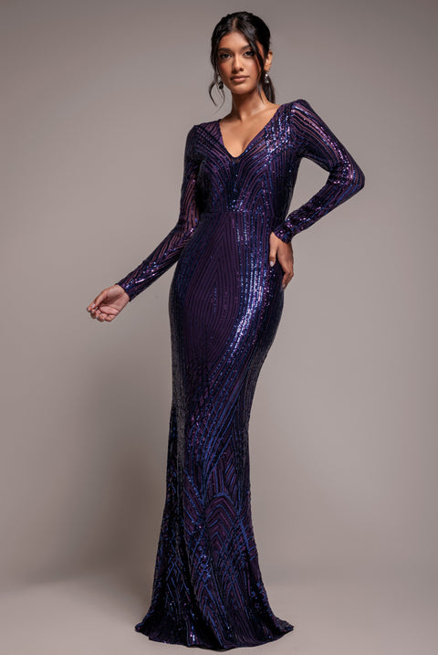 Two Toned V Neck Sequin Maxi - Purple by Goddiva