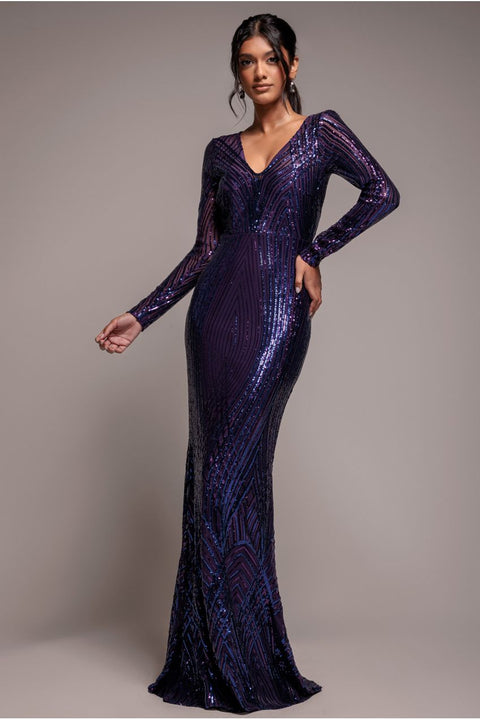 Two Toned V Neck Sequin Maxi - Purple by Goddiva
