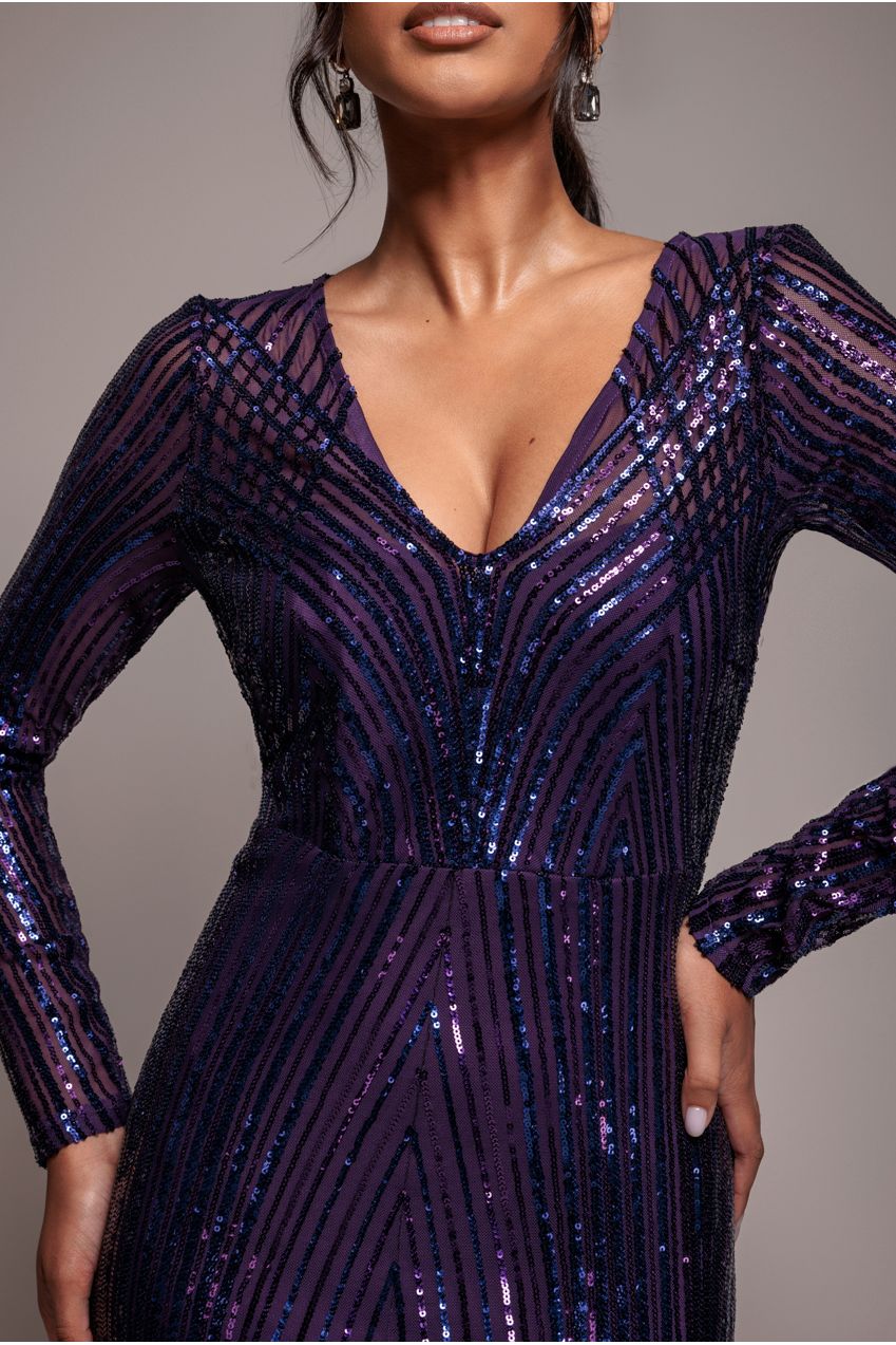 Two Toned V Neck Sequin Maxi - Purple DR3494