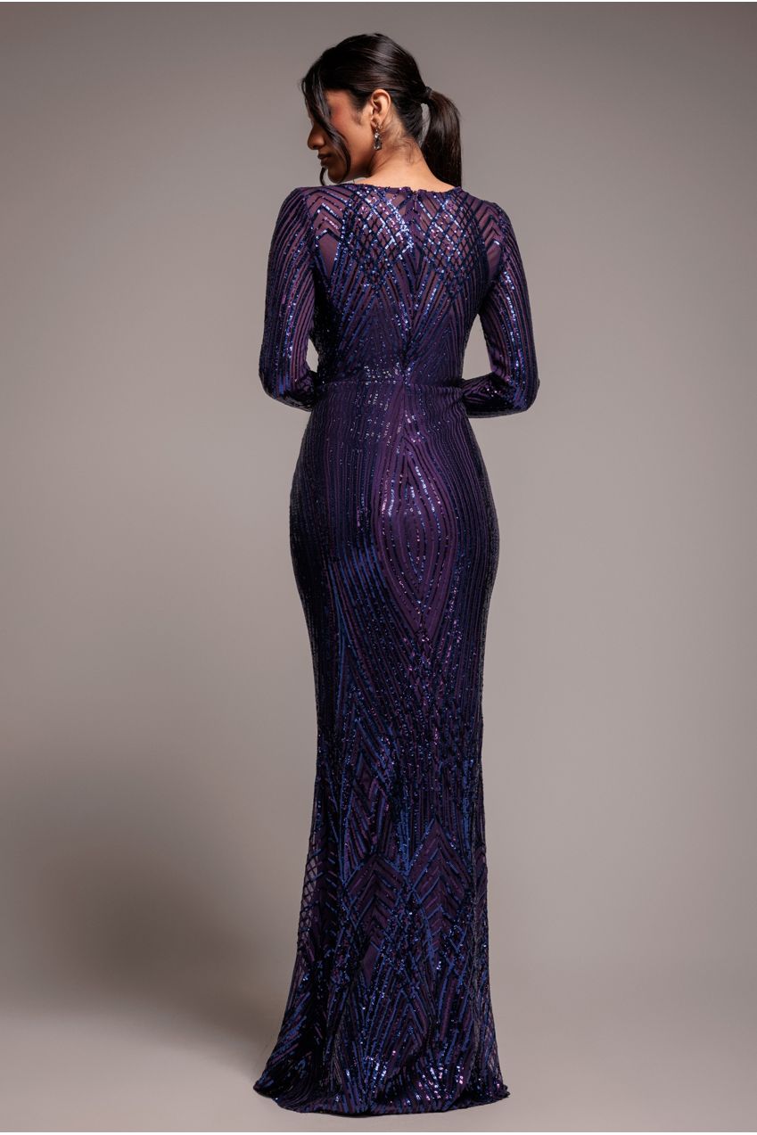 Two Toned V Neck Sequin Maxi - Purple DR3494