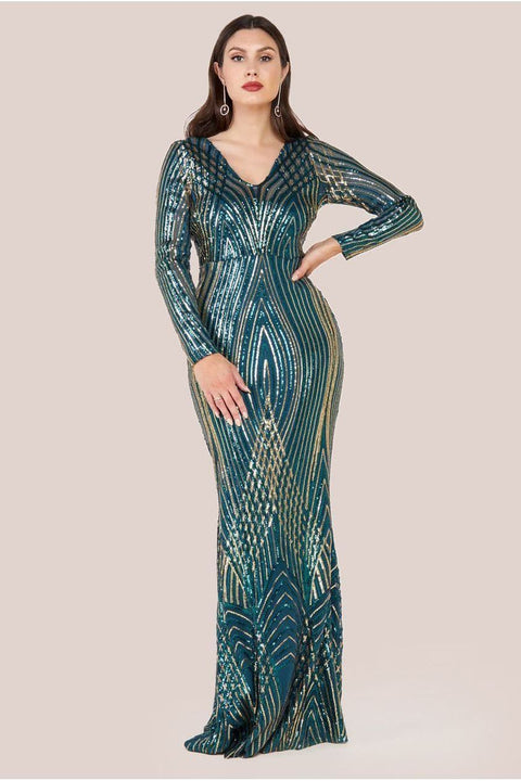 Two Toned V Neck Sequin Maxi - Emerald Green by Goddiva