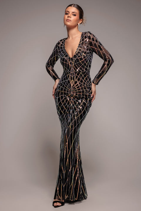 Geo Sequin Long Sleeve Maxi Dress - Black by Goddiva