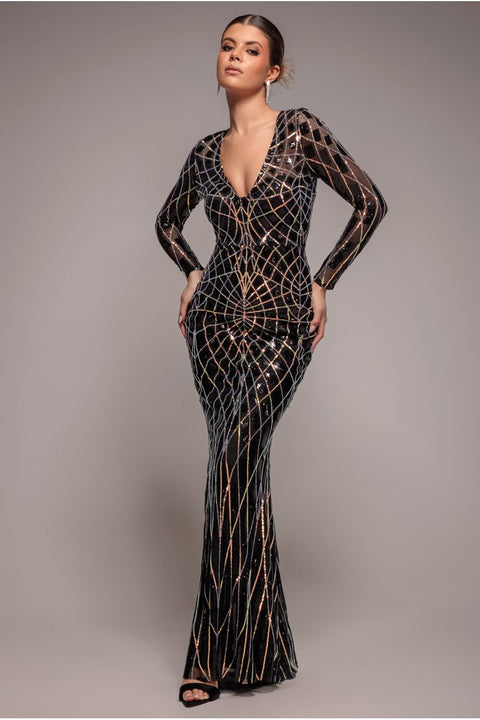 Geo Sequin Long Sleeve Maxi Dress - Black by Goddiva
